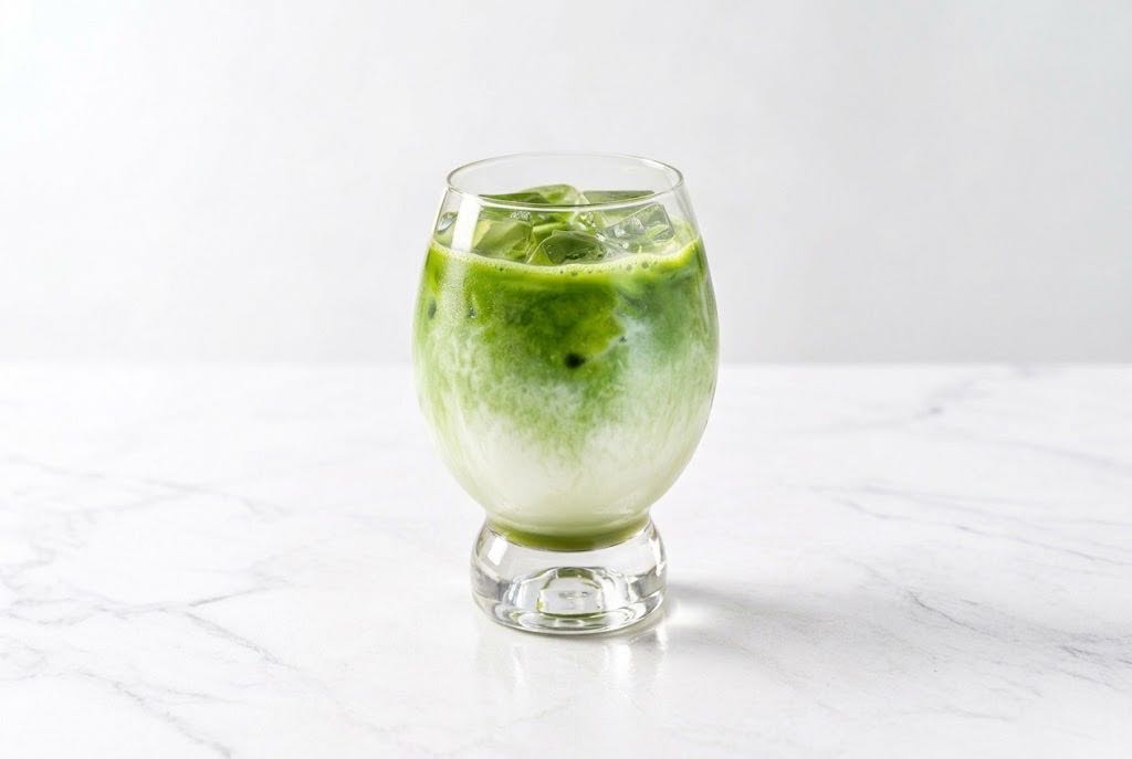 氷の入ったグラスに注がれた抹茶ラテ