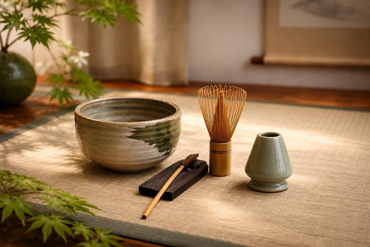 畳の上に並ぶ茶碗・茶筅・茶杓・茶筅立て