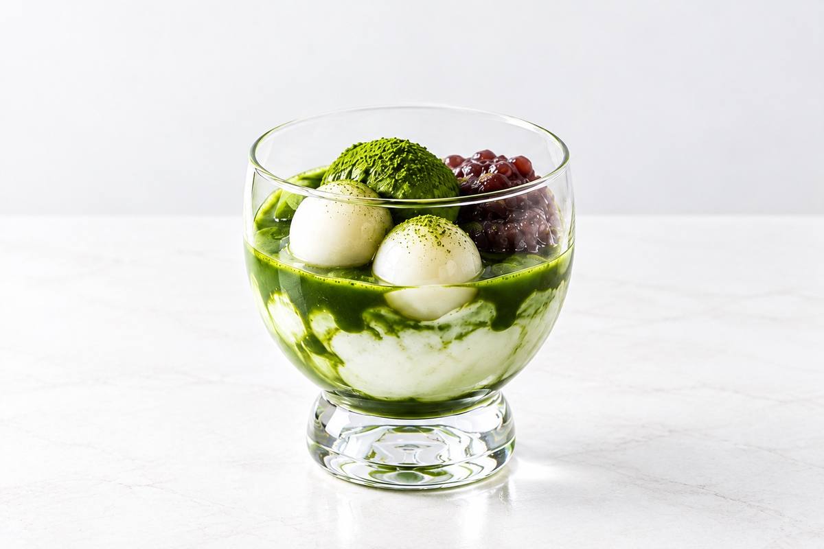 抹茶と白玉、粒あんを重ねた器